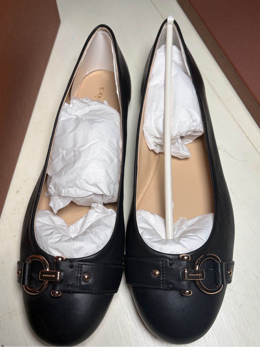Coach Alice Natural Cow Black Leather Ballet Flats with Gold-Tone Hardware - Picture 1 of 7